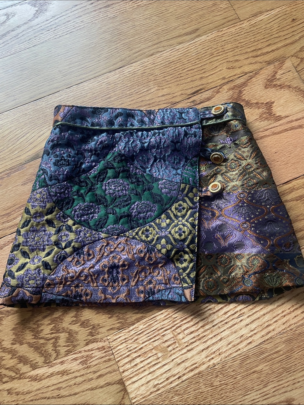 Zara Brocade Patchwork Mini Skirt in Green, Purple & Gold